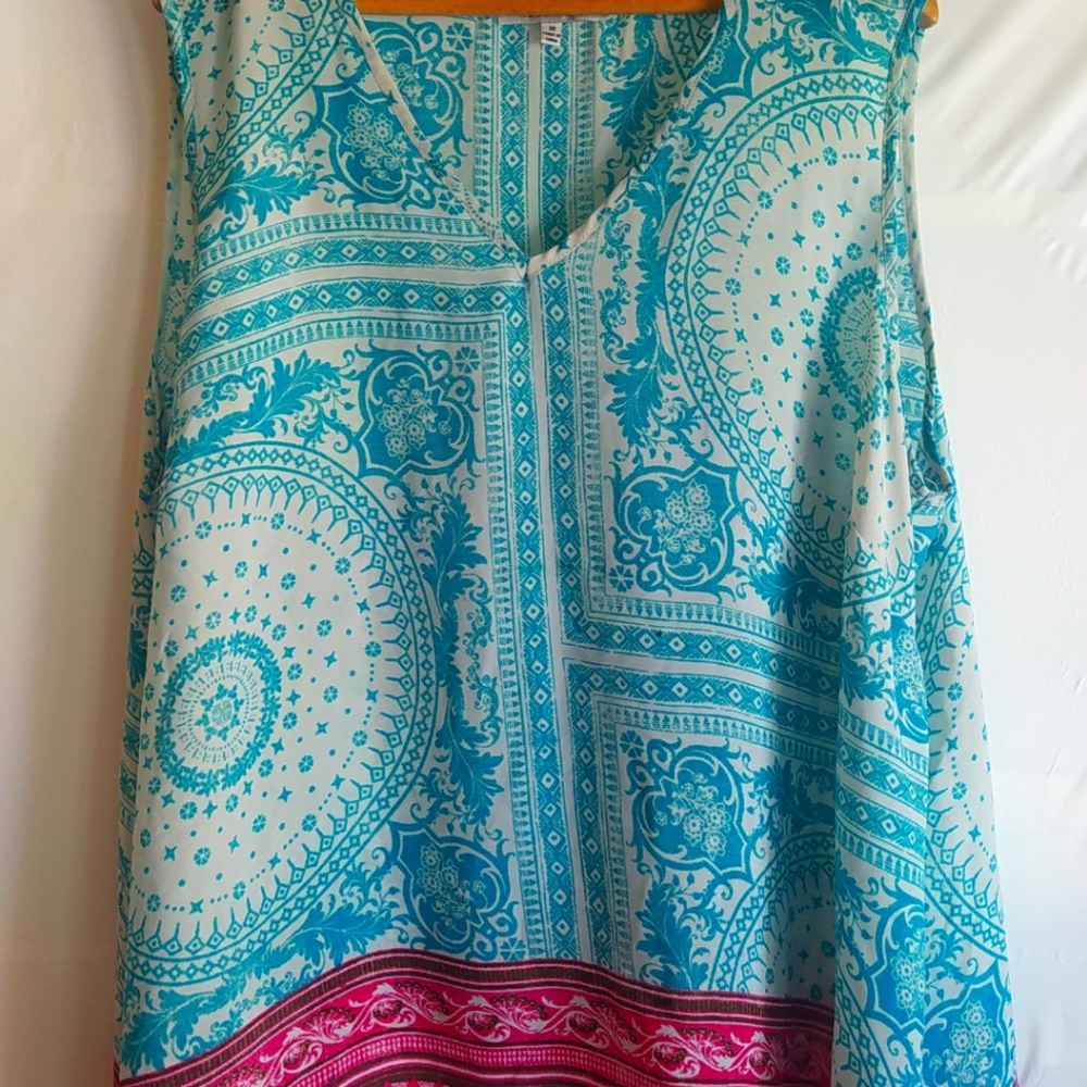 Rose + Olive 3X blue & pink sleeveless blouse